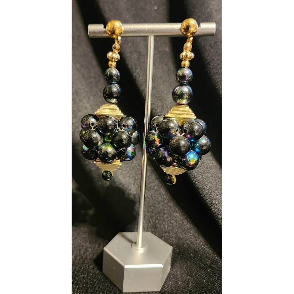 VTG Iridescent Black Cluster Drop Grape Bunch Oil Slick  Gold Tone Earrings